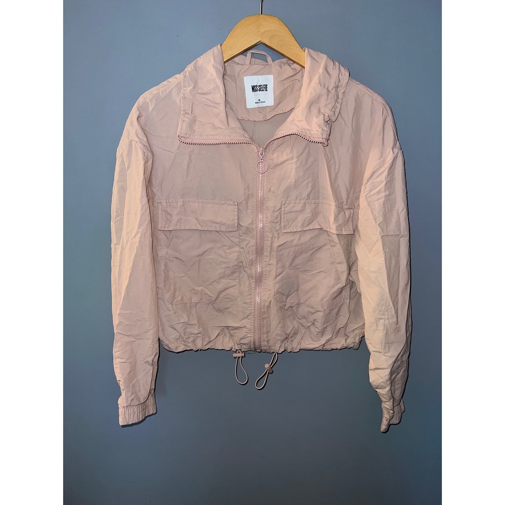 Miss Selfie Pink Windbreaker Jacket Cropped Drawstring Full Zip Womens Medium